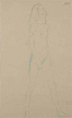 After Gustav Klimt, Austrian 1862-1918- Nude of a Young Girl (red and blue pencil), 1919;