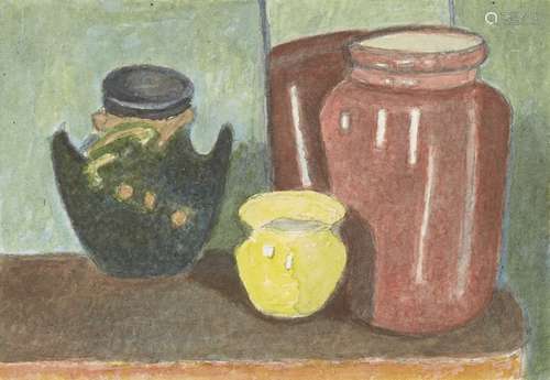 Henry Silk, British 1883-1948- Pottery Still Life, c.1930; pencil and watercolour, 9.5x14cm