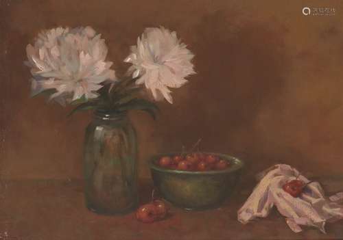 John Joseph Bellman, (Ken Moroney), British b.1949- Still life with chrysanthemums and cherries; oil