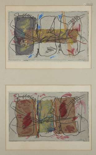 Sue Lewis, British School, mid-late 20th century- Abstract Compositions; etching and mixed media,