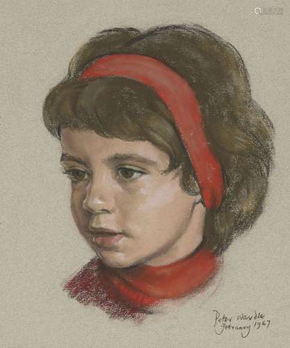 Peter Wardle, British 1929-2016- Portrait of a young girl wearing a red headband; pastel on blue
