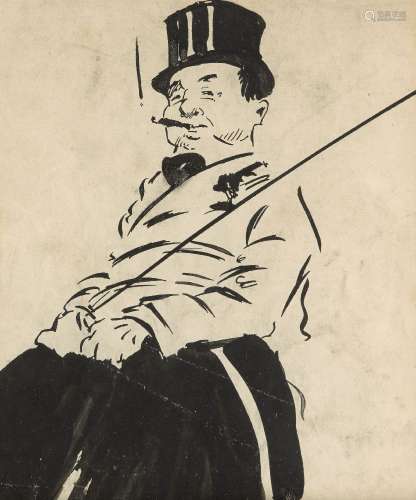 British School, early-mid 20th century- Man with a cigar and top hat; pen and brush and black ink,