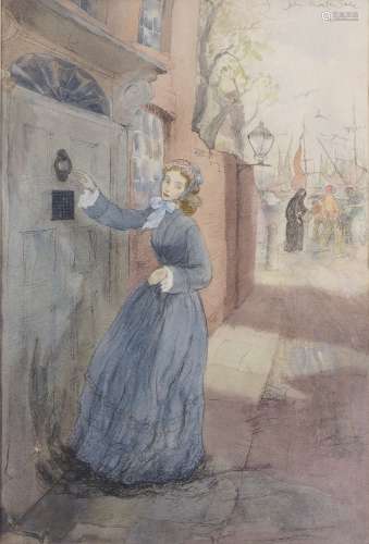 John Morton Sale, British 1901-1990- Harbour scene with a lady at a doorway; watercolour over