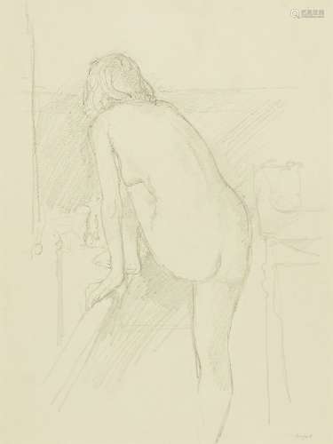Antony Dufort, British b.1948- Ange with one foot on the bath; pencil, signed, bears inscription