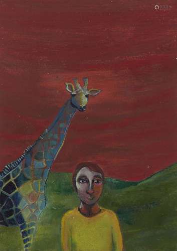 Gigi Sudbury, British School, late 20th century- Giraffe at Sunset, 2002; mixed media on paper,