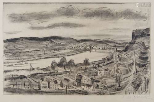 M. Fauser, German, mid 20th Century- Views of bridges and landscapes on the Rhine; four etchings,