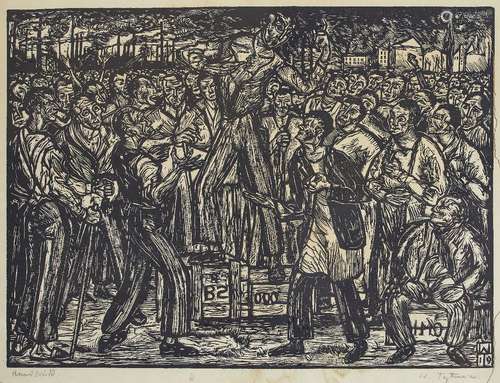 Wilhelm Tegtmeyer, German 1895-1968- Workers at a large meeting; woodcut on paper, signed and