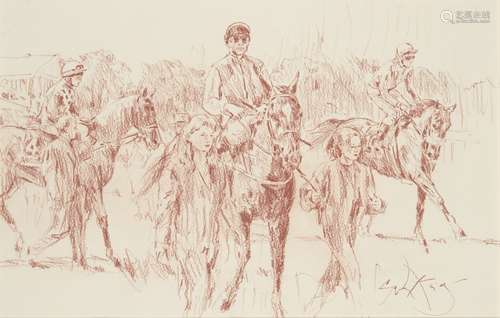 Gordon King, British b.1939- Leading up at Ascot; red chalk on paper, signed, 34x53cm (ARR)Please