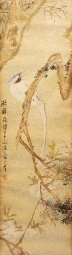 WANG LI (1813-1879), ink, colour, and gold fleck on paper, study of a bird perched on a drooping