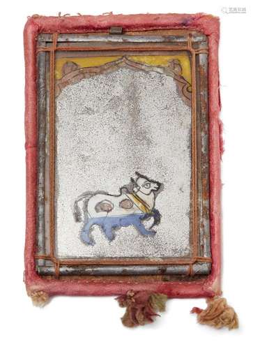 An Indian painted mirror, late 19th/early 20th century, of rectangular form, designed with central