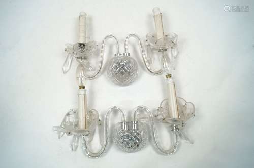 A selection of bohemian style crystal wall sconces, 20th century, each with twin branches, bowls