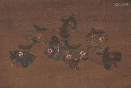 A Japanese hanging scroll, 18th century, depicting sparrows performing the Suzume Odori sparrow