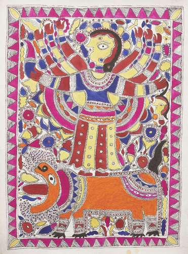 A signed Madhupani painting of Durga on her lion, Mithila, Bihar, India, opaque pigments on paper,