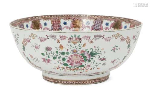 A Chinese export porcelain punch bowl, 18th century, painted in famille rose enamels with