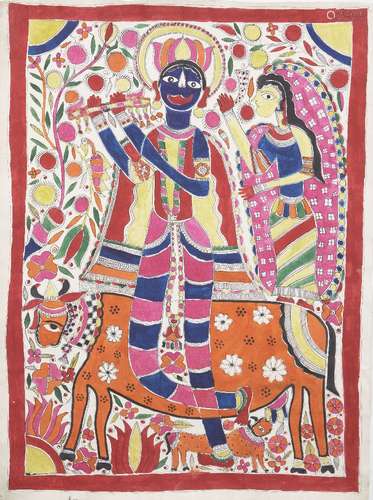 A signed Madhupani painting of Krishna fluting with Radha, a cow and her calf, Mithila, Bihar,