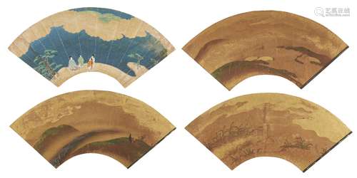 A collection of five Japanese Fans, Meiji Period, ink and colour on paper, variously depicting