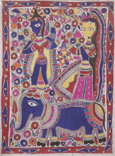 A signed Madhupani painting of Krishna and Radha on an elephant, Mithila, Bihar, India, circa