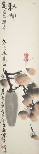 20th century Chinese School, ink and colour on paper, hanging scroll, dragonfly above fruiting