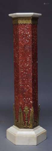 A scagliola and white marble hexagonal column, 20th Century, the column with stiff leaf and