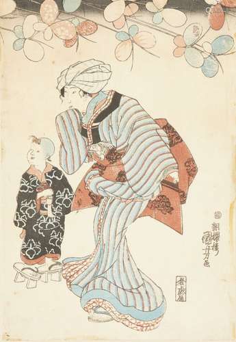 Utagawa Kuniyoshi, Japanese 1797-1861, woman and child, c.1840s, woodblock print in colours, panel