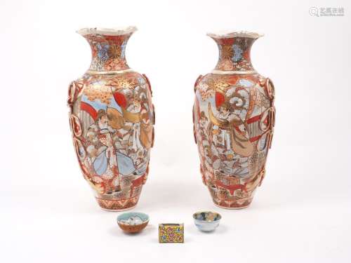 A pair of Chinese urn shaped vases, 20th Century, decorated with applied trompe l'oeil lugs and