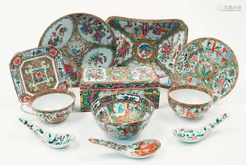 Eleven pieces of Chinese Canton porcelain, 19th century, including a rectangular box and cover, a