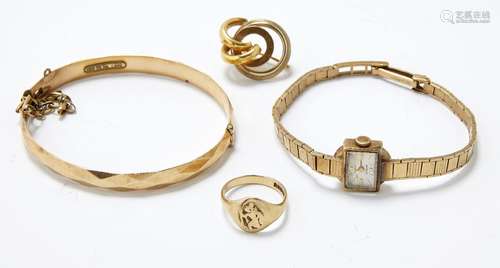 A 9ct gold signet ring, Birmingham, c.1975, together with: a 9ct gold ladies' watch, by Rotary,