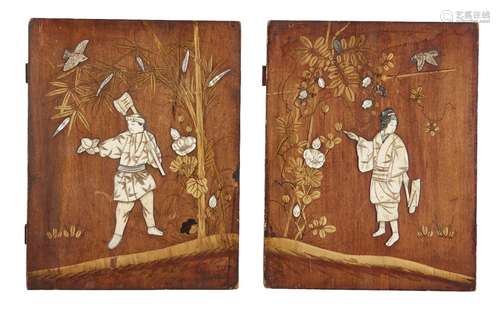 A pair of Japanese Shibayama inlaid wood panels, late 19th century, decorated with inlaid ivory