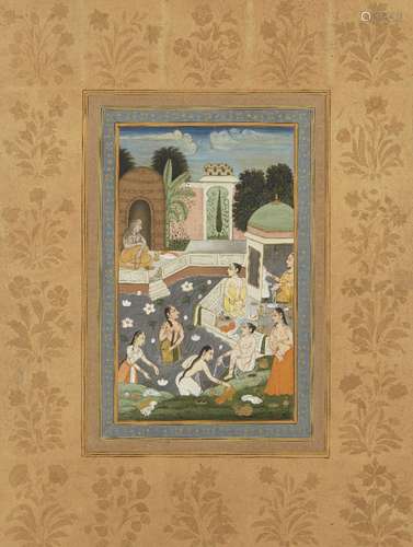 A Mughal style picture, 20th century, gouache on paper, depicting ladies bathing, to a recurrent