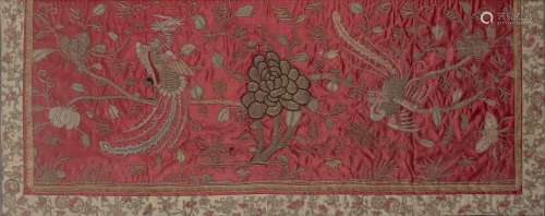 A Chinese silk embroidered silk panel, late Qing dynasty, decorated in gold couched stitch with