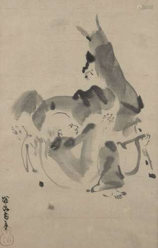 A Japanese ink drawing, late 19th century, depicting a man with llama, signed and sealed Morunobu,