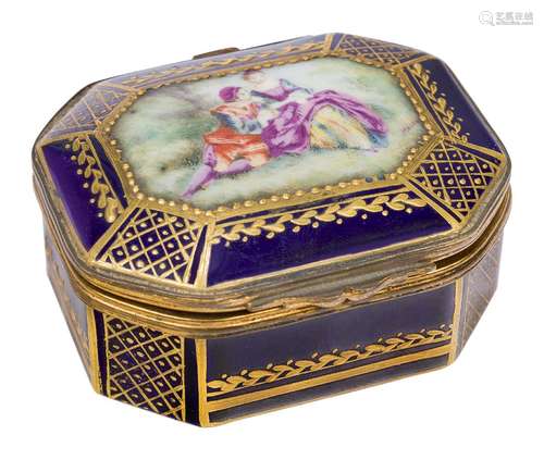 A Sevres porcelain snuff box, late 18th century, interlaced 'L's', the dark-blue-ground with gilt