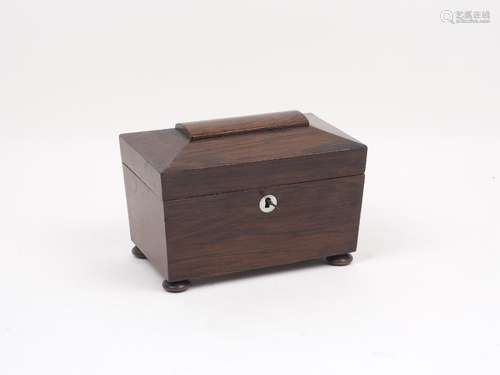 A mahogany two-section tea caddy, 19th century, of tapering sarcophagus form on four spreading feet,