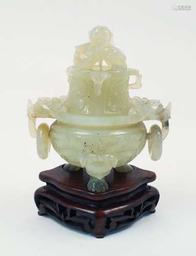 A jadeite carved censer and cover, with carved dragon finial to the cover and dragon form lugs to