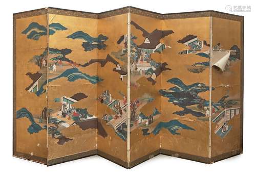 A Japanese six panel screen, late 19th century, ink colour and gold on paper, decorated with various