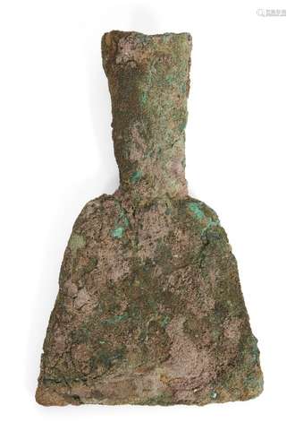 A Chinese bronze farming tool, Neolithic period, with broad, tapering blade, heavily encrusted, 14cm