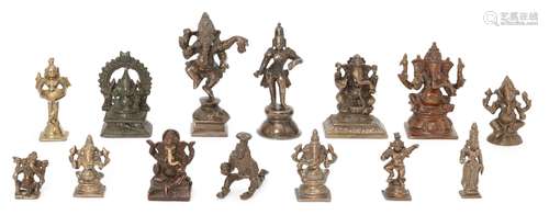 A group of brass and bronze figures, India, 17th-19th century, including eight figures of Ganesha,