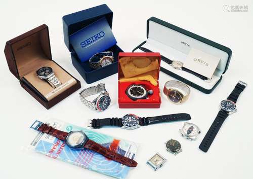 A group of watches by Seiko and other makers, including a stainless steel Quartz Chronograph 7A28-