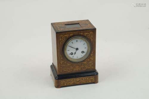 An Edwardian inlaid mantle clock, of rectangular form, wooden body inlaid with scrolling foliate