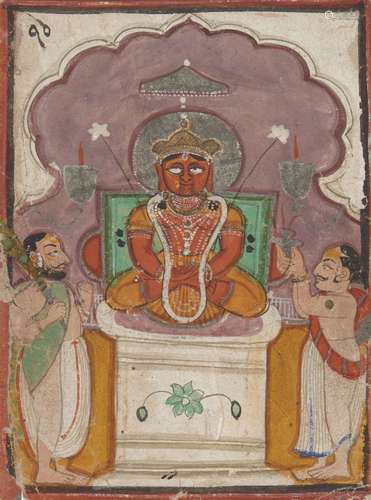 Padmaprabha (the 6th Jain Tirthankara) with two priests, Rajasthan, circa 1800, opaque pigments on