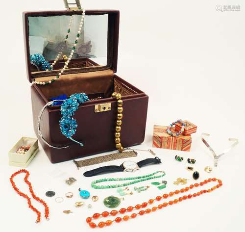 A group of jewellery including: a jadeite jade bead necklace and three pairs of drop earrings (one