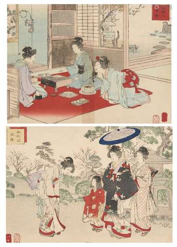 Ginko Adachi, Japanese active c.1874-1897, Fujo Reigi Gafu, 1896, two woodblock prints in colours,