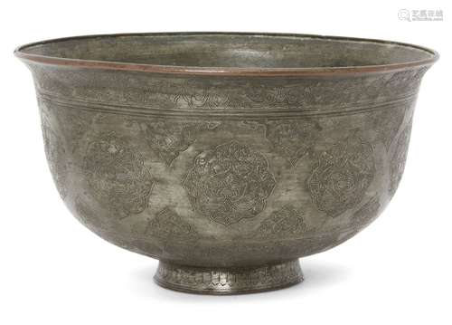 A Qajar tinned copper bowl, early 19th century, in the Safavid style, on a short foot, engraved to