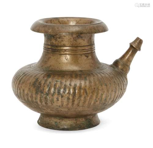 A ribbed brass lota pouring vessel, Deccan, India, 18th century, of typical form, the straight spout