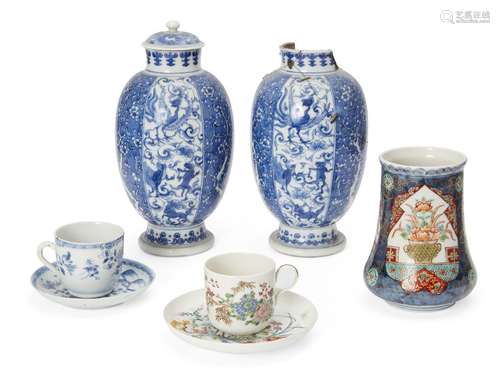 A collection of seven pieces of Japanese porcelain, 19th century, comprising a pair of jars and