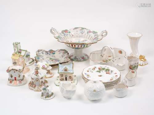 A quantity of Coalport porcelain items, to include a group of six model houses, a twin-handled