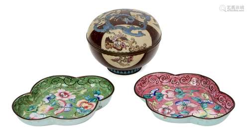 A Japanese cloisonné box and cover, Meiji Period, of circular form, with central dragon motif,