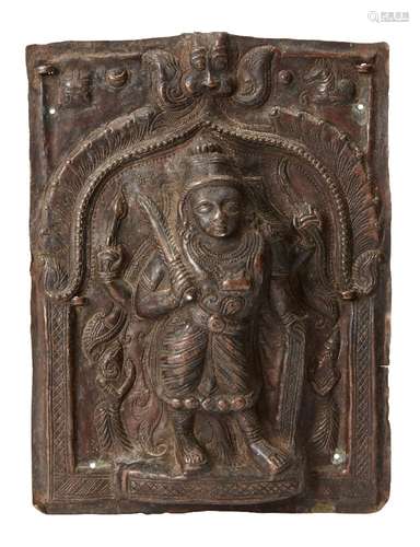 A copper repousse votive plaque with Shiva and attendants, India, 19th century, of rectangular