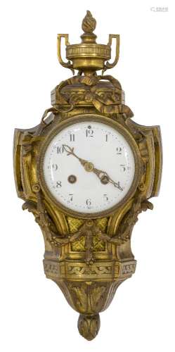 A French gilt-bronze cartel clock, early 20th century, the case with flambeau urn finial, mounted