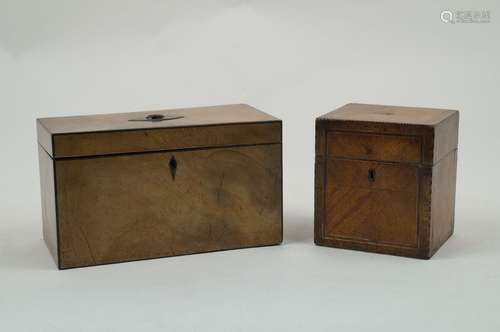 A George III mahogany tea caddy, circa. 1790, of rectangular form, with hinged cover, and loop